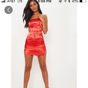 Red satin lace up back bodycon dress
